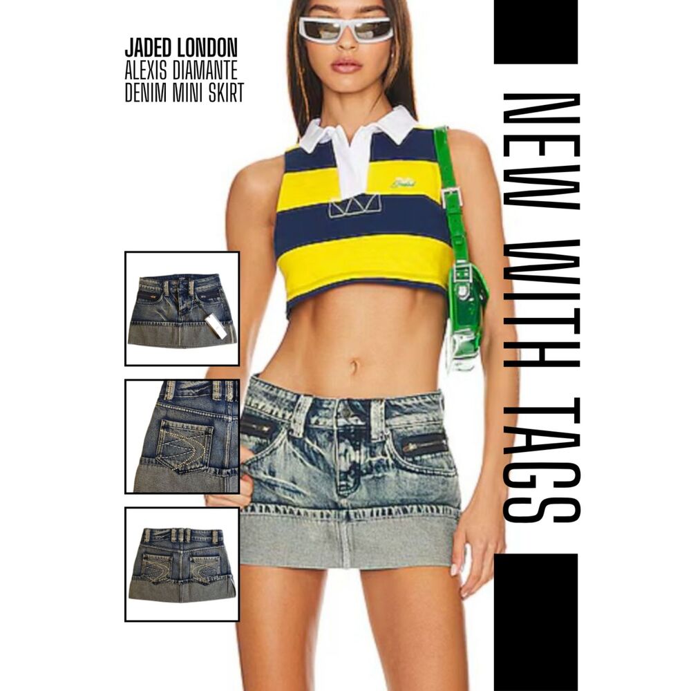 NWT Jaded London - Alexis Diamante Denim Mini Skirt - Blue Wash - Women Size 0 - Picture 1 of 8
